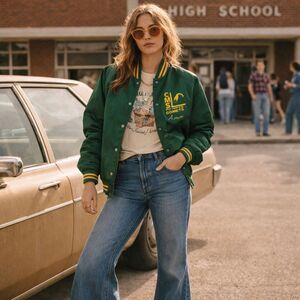 Vintage 70s Nasco, Green CMS Comets Varsity Jacket, personalized "Ann" sz S